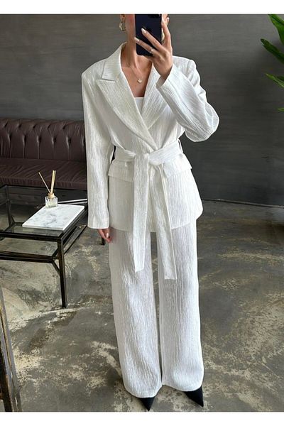 modaserdem Ecru Belted Waist Jacket and Trousers Shiny Set