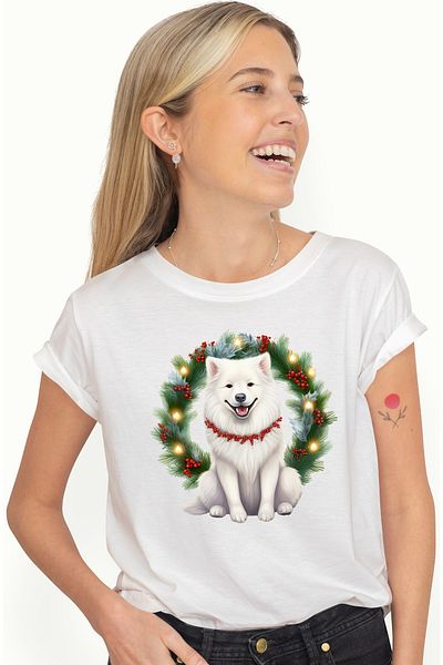 StoryGift Romania Tricou Femei cu un caine alb cu un lant din vasc la gat, ilustratie, coroana, sa WHT_S