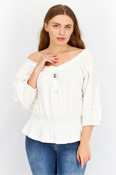 Ralph Lauren Women Off Shoulder Neckline Puffed Sleeve Jersey Eyelet Blouse, White