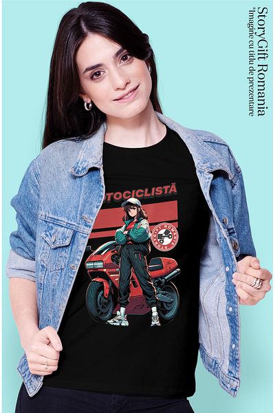 StoryGift Romania Tricou Femei motociclista fata gata de ture noaptea motor viteza cu imprimeu pe BLK_XS