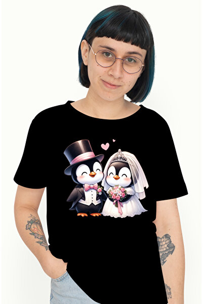StoryGift Romania Tricou Femei cu 2 pinguini la nunta, mireasa, ilustratie, r...