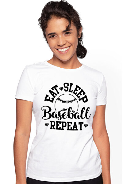 StoryGift Romania Tricou Femei cu minge de baseball si mesajul "Eat sleep, ba...