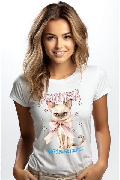 StoryGift Romania Tricou Femei Pisica cu funda, acasa gazduiesc o printesa cu...