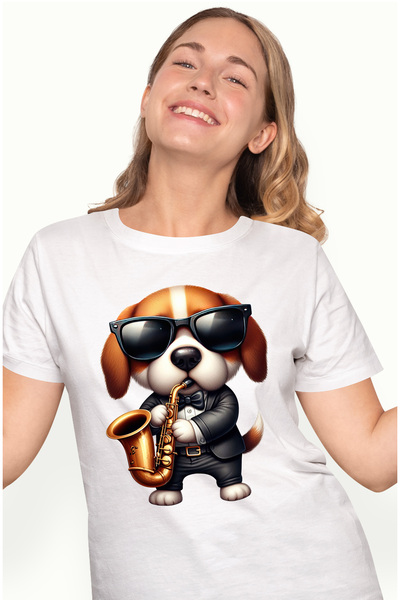StoryGift Romania Tricou Femei cu un catel care canta la saxofon, ilustratie,...