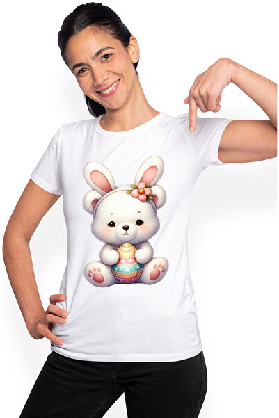 StoryGift Romania Tricou Femei cu un ursulet alb care are urechi de iepuras, ilustratie, ou vopsit WHT_XS