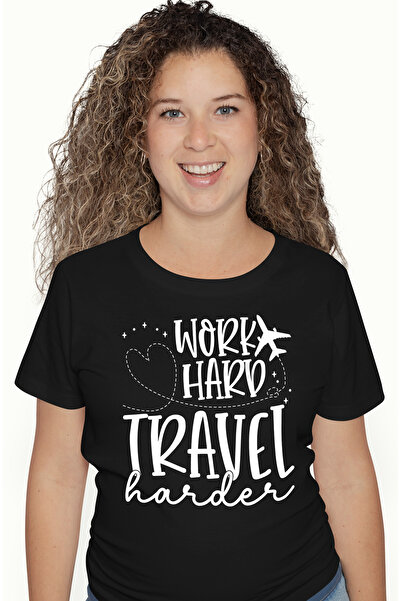 StoryGift Romania Tricou Femei cu un avion si mesajul "Work hard, travel hard...