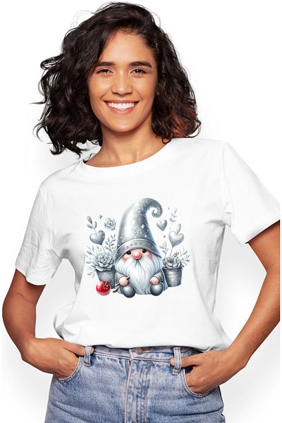 StoryGift Romania Tricou Femei cu un pitic, ilustratie, barba lunga alba, flori, inimi, din povest WHT_XS