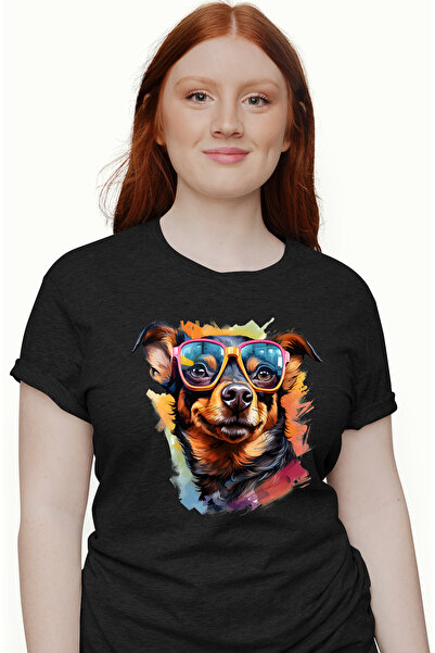StoryGift Romania Tricou Femei cu un catel cu ochelari, vesel, ilustratie, arta abstracta, culori BLK_M
