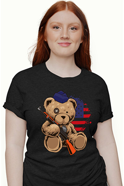 StoryGift Romania Tricou Femei Cu Urs De Plus, Pusca, Palarie, Soldat, Alb Negru cu imprimeu pe F BLK_XS