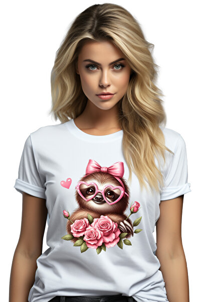 StoryGift Romania Tricou Femei cu un sloth/lenes cu ochelari, inimi, trandafi...