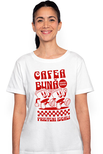StoryGift Romania Tricou Femei cafea buna energie de dimineata prieten ideal cu imprimeu pe Fata, WHT_XS