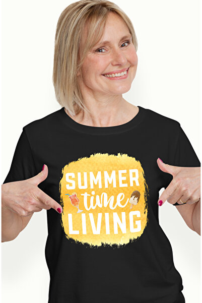 StoryGift Romania Tricou Femei cu mesajul "Summer time living", vara, vacanta, relaxare, concediu, BLK_XS