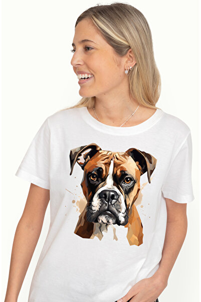 StoryGift Romania Tricou Femei cu un caine Boxer serios, stil poligonal, ilus...