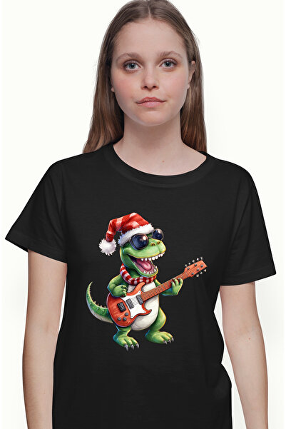 StoryGift Romania Tricou Femei cu un dinozaur verde, T-Rex, canta la chitara, caciula, talent, ins BLK_S