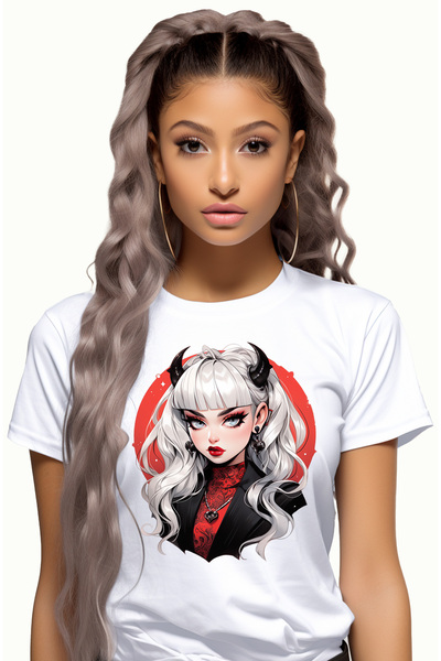 StoryGift Romania Tricou Femei cu o fata cu parul alb, ilustratie, cornite, c...