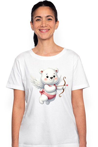 StoryGift Romania Tricou Femei cu un ursulet alb care trage cu arcul, ilustratie, Cupidon, Valenti WHT_XL