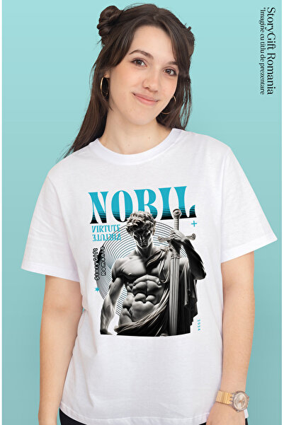 StoryGift Romania Tricou Femei Bust De Statuie Greceasca Cu Sabie Nobil Virtute Cu Imprimeu Pe Fat Wht_l