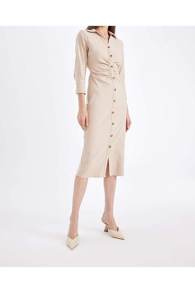 Kübra Tekstil Lupinn Fashion Μπεζ πουκάμισο με κουμπιά μίντι μήκους με μανίκια τριών τετάρτων με λεπτομέρεια γυναικείο φόρεμα