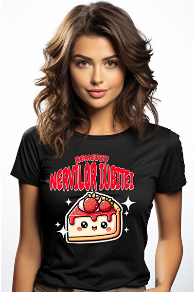 StoryGift Romania Tricou Femei Felie de Chesscake text haios remediu Nervilor Iubitei cu imprimeu BLK_XL