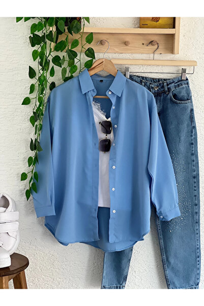 exxitcollection Kadın ABS Boyfriend Uzun Basic Mavi Tesettür Gömlek