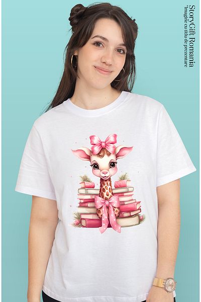 StoryGift Romania Tricou Femei cu o girafa vesela, ilustratie, teancuri cu carti, lectura, pentru WHT_L