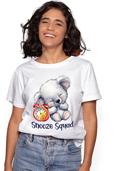 StoryGift Romania Tricou Femei cu un ursulet koala care doarme cu mesajul "Snooze squad", ilustrat WHT_XL