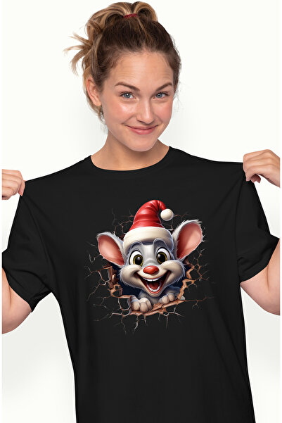 StoryGift Romania Tricou Femei cu un soricel cu caciula de Craciun, ilustrati...