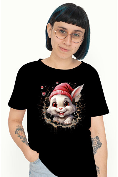 StoryGift Romania Tricou Femei cu un iepuras vesel care scoate capul printr-u...