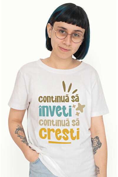 StoryGift Romania Tricou Femei Continua sa inveti, Continua să Cresti dezvoltare cu imprimeu pe Fa WHT_S