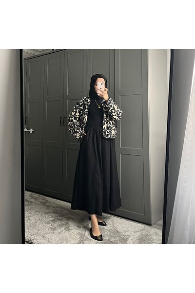 MY QILAM NUMĂRUL 10 MODĂ FEMEIE NEGRĂ TALIE ELASTICĂ POPLIN FUSTA EVAZĂ CU BUCURI 10NMR180