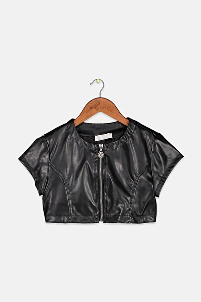 Byblos Kid Girls Round Neck Short Sleeve Full Zip Leather Top, Black