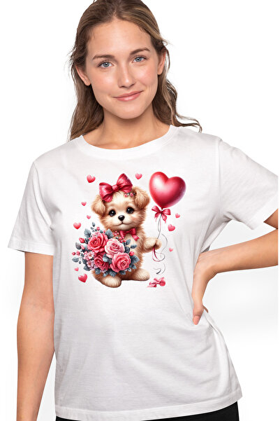 StoryGift Romania Tricou Femei cu un catel care tine un buchet cu trandafiri, balon, inimi, Valent WHT_S