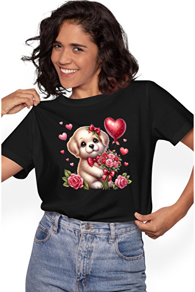 StoryGift Romania Tricou Femei cu un catelus vesel care tine un buchet cu tra...