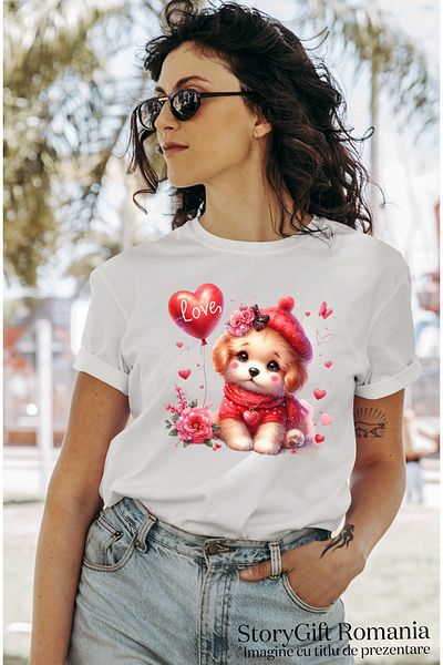 StoryGift Romania Tricou Femei cu o catelusa cu mesajul "Love" scris pe un balon in forma de inima WHT_M