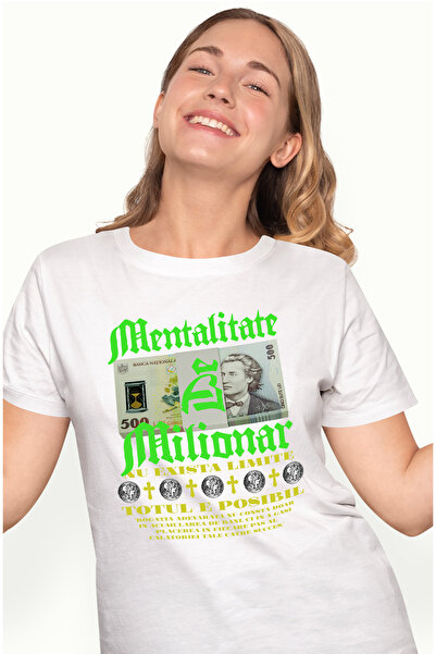 StoryGift Romania Tricou Femei Mentalitate de Milionar - Nu exista Limite, cu imprimeu pe Fata, 1 WHT_M