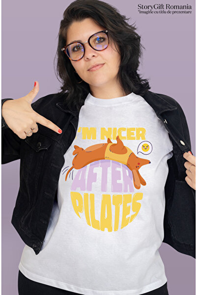 StoryGift Romania Tricou Femei Personalizata I'm Nicer After Pilates, cu imprimeu pe Fata, 100% B WHT_L