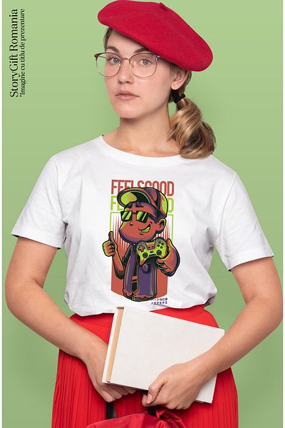 StoryGift Romania Women's T-Shirt With Boy With Sunglasses And Cap Holding Game Controller WHT_L,STG61886