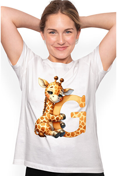 StoryGift Romania Tricou Femei cu o girafa cu litera "G", ilustratie, pentru copii, scoala, elev, WHT_L