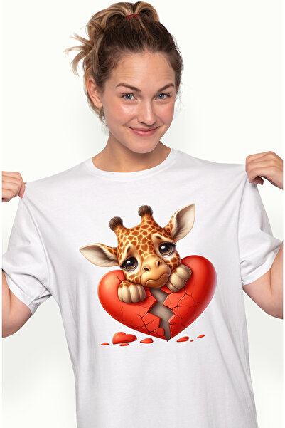 StoryGift Romania Tricou Femei cu o girafa care este trista, ilustratie, inima rupta, franta, deza WHT_S