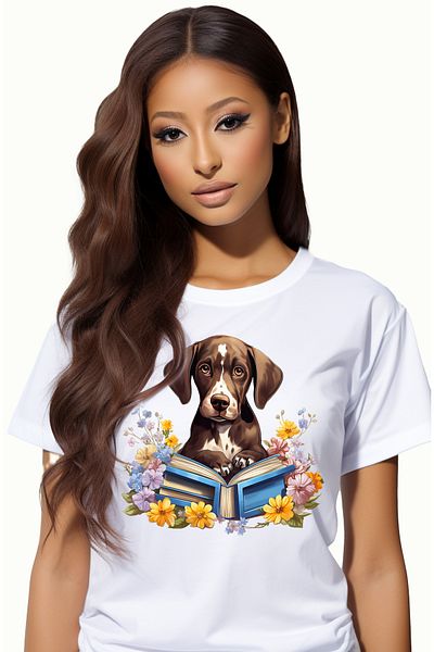 StoryGift Romania Tricou Femei cu un catel care se uita surpins, tine o carte deschisa, lectura, i WHT_L