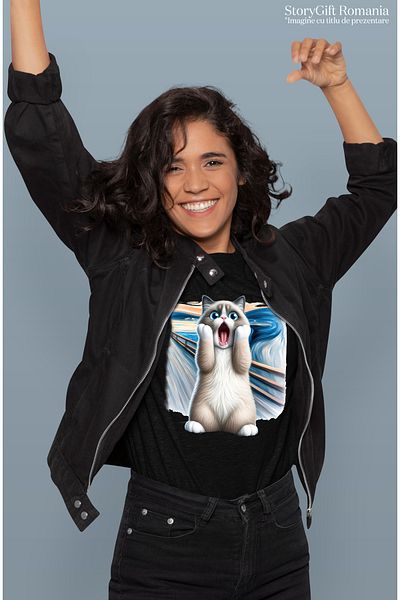 StoryGift Romania Tricou Femei Cu O Pisica Socata, Ilustratie, Uimita, Speriata, Pictura Celebra, Blk_l