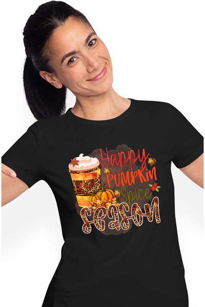 StoryGift Romania Tricou Femei cu mesajul "Happy pumpkin spice season", toamna, ilustratie, ferici BLK_L