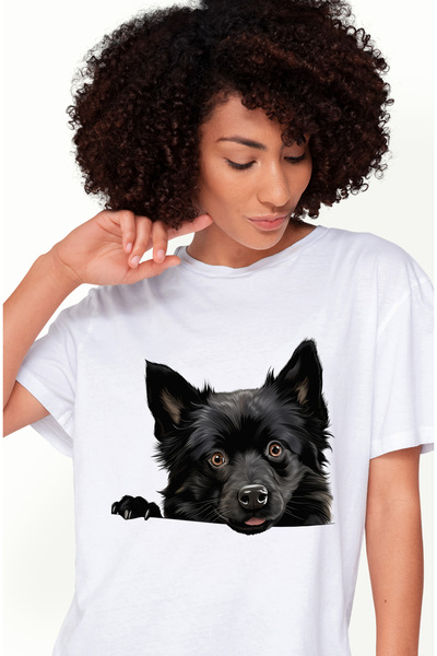 StoryGift Romania Tricou Femei cu un catel negru care se uita curios, ilustra...