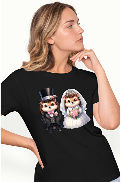 StoryGift Romania Tricou Femei cu 2 arici la nunta, rochie de mireasa, costum de ginere, ilustrati BLK_XL