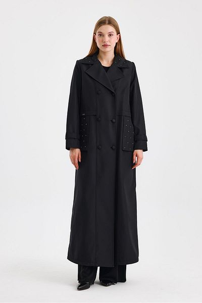 Zühre Double Breasted Collar Double Pocket Black Topcoat 13600