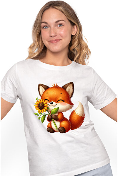 StoryGift Romania Tricou Femei cu o vulpita vesela care tine o floare, ilustr...