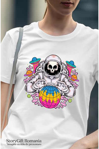StoryGift Romania Tricou Femei Cu Astronaut, Spatiu, Craniu, Nava, Multicolor cu imprimeu pe Fata WHT_S