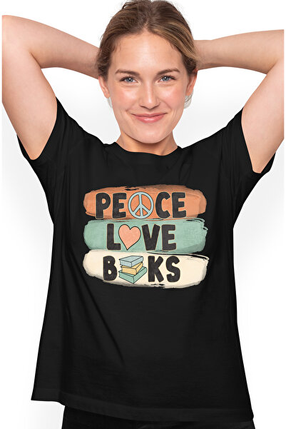 StoryGift Romania Tricou Femei cu mesajul "Peace, love, books", carte, ilustr...