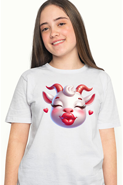 StoryGift Romania Tricou Femei cu o capra care da un pupic, ilustratie, inimi...