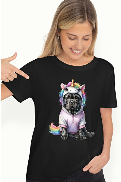 StoryGift Romania Tricou Femei cu un catelel Boxer deghizat in unicorn, ilustratie, hanorac, putin BLK_XS
